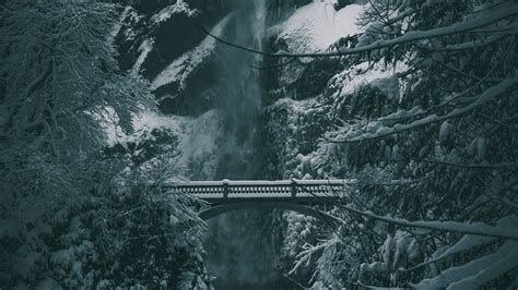Download Wallpaper 2048x1152 Winter Bridge Waterfall Snowfall Dual