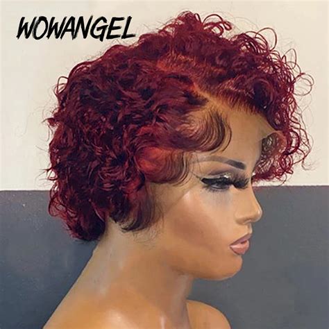 Lace Wigs Honey Blonde J Burgundy Colored Short Curly Pixie Cut Wig