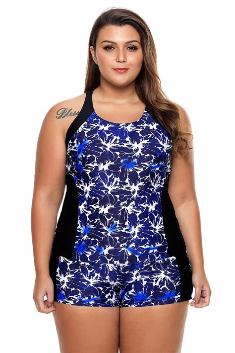 Blue Flower Print Bathing Suit Round Neck Tankini Plus Size Swimwear