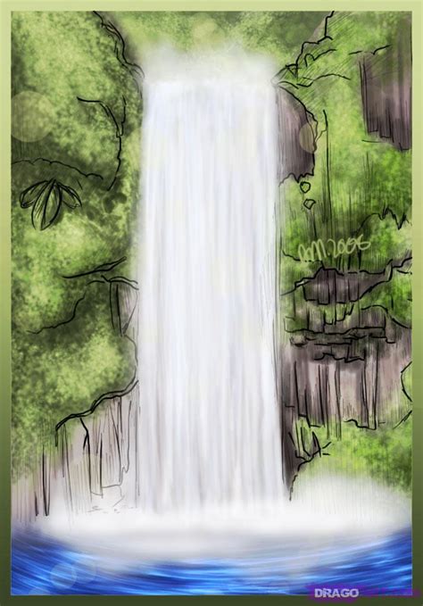 Above the horizon line, draw an angled and jagged line to show a distant mountain step 3: How to Draw a Waterfall, Step by Step, Landscapes ...