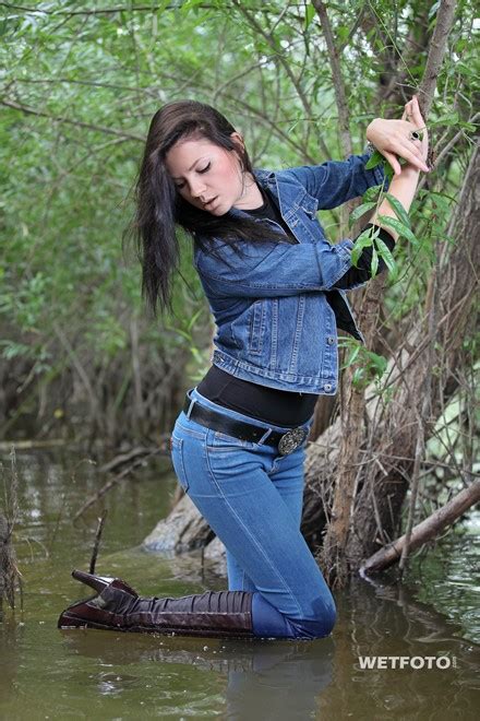 Wetlook By Hot Brunette In Denim Jacket And Skinny Jeans And Leather Boots Wetfoto Com