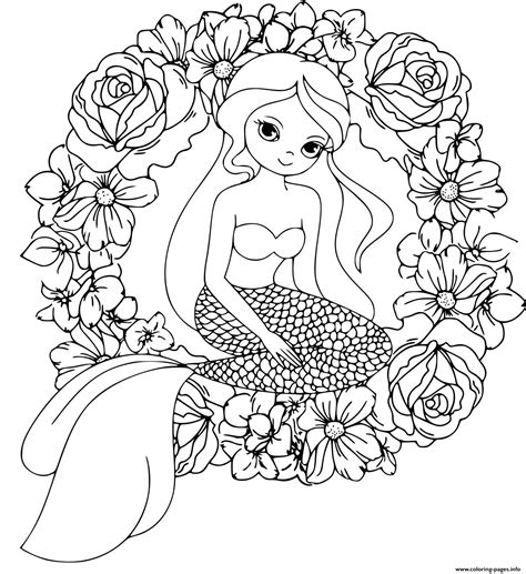 Mermaid And Wreath Flowers Mandala Coloring Page Printable