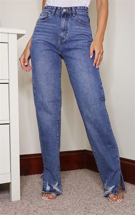 Blue Wash Ripped Straight Leg Jeans Prettylittlething Ca