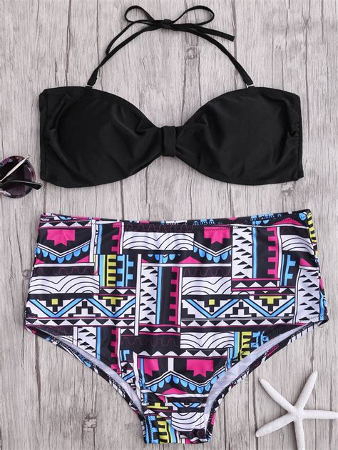 Off High Waisted Geometric Print Halter Bikini Set In Black