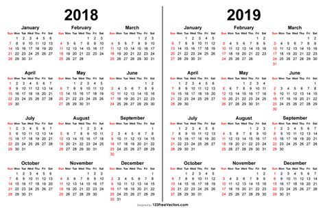 2018 And 2019 Calendar Printable Free Vector By 123freevectors On