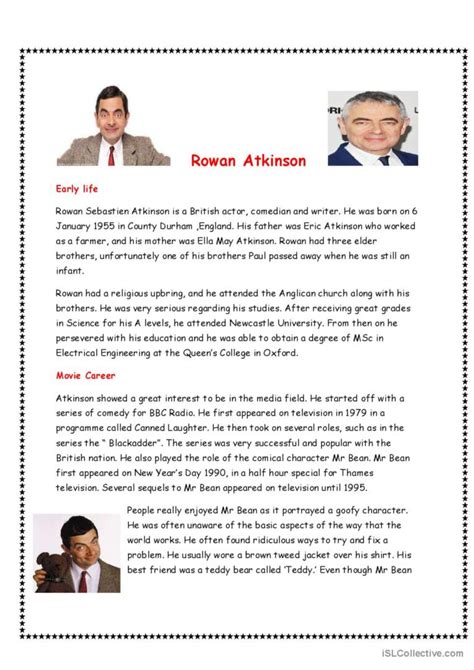 Biography Of Rowan Atkinson English Esl Worksheets Pdf And Doc