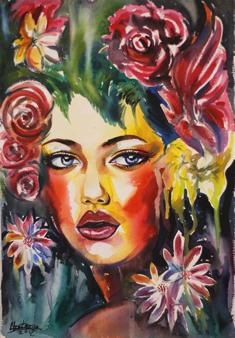 A Painting Of A Woman With Flowers In Her Hair