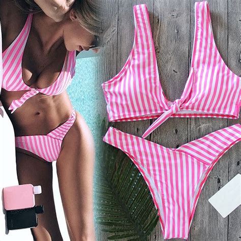Buy Sexy Women Bikinis Set 2018 Striped Printed Swimwear Biquinis Push Up Tie