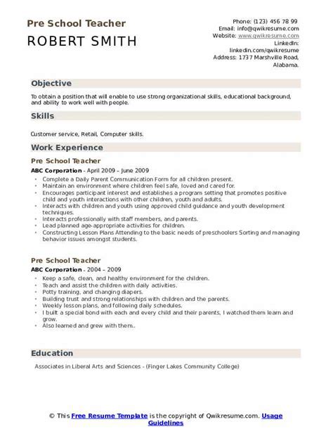 Teacher resume example + salaries, writing tips and information. Pre School Teacher Resume Samples | QwikResume