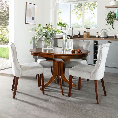 Hudson Round Dark Wood Extending Dining Table With Bewley Grey Velvet Chairs Furniture Choice