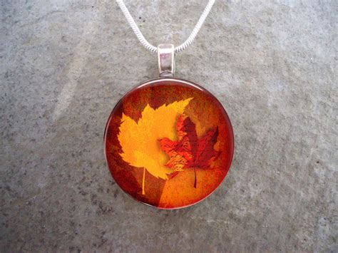 Autumn Jewelry Glass Pendant Necklace Fall Autumn Leaves