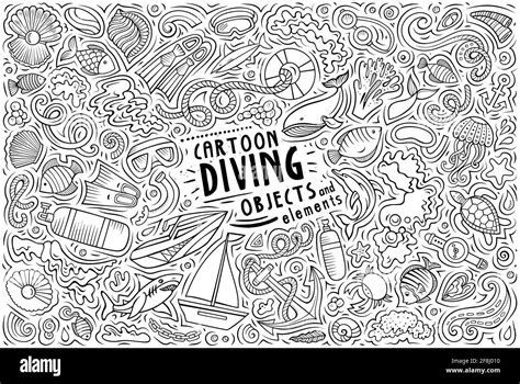 Line Art Vector Hand Drawn Doodle Cartoon Set Of Diving Theme Items