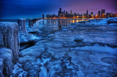 Chicago And Frozen Lake Michigan The Blue Hour Pinterest