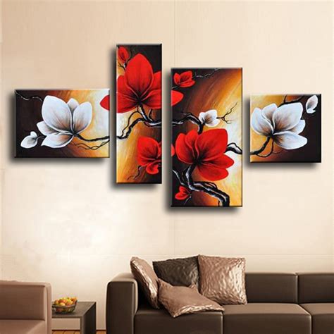 4 Piece Picture Wall Art Set Handpainted Abstract Flower Oil Painting
