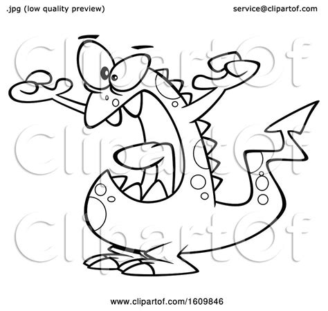 Clipart Of A Cartoon Black And White Scary Monster Holding Up His Arms