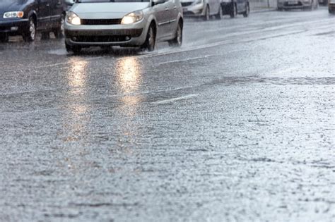 Rain Dropping On Wet Asphalt Road Car Traffic In High