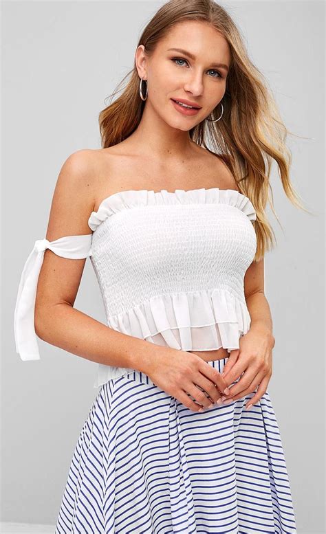 White Zaful Frilled Ruffles Smocked Tube Top Crop Tee For Summer