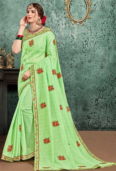 Green Raw Silk Embroidery Saree Raw Silk Saree Saree Designs Silk Sarees