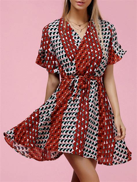 Stylish V Neck Short Sleeve Heart Print Mini Dress For Women Ladies