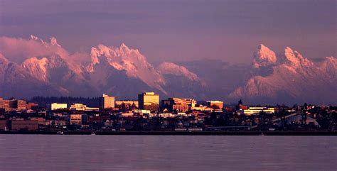 Snow In The Mountains Behind City Of Everett Washington State Travel