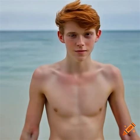 Ginger College Student In Swim Briefs At The Beach