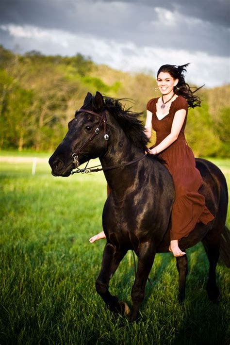 Girl In Dress Riding Horse Bareback In Pasture Photography Ideas