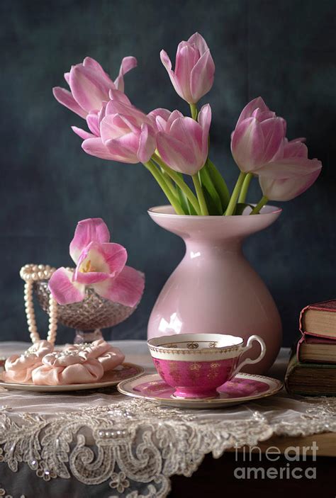 Beautiful Still Life With Tulips A Books And A Cup Of Tea Still Life