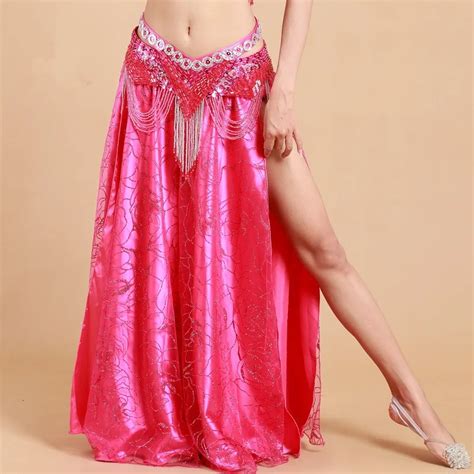 Female Belly Dance Skirt Squine Oriental Dance Costume High Slit India Bollywood Girl Pink White