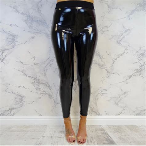 Womens Solid Black High Waist Elastic Pencil Pants Sexy Tight Pu Coating Imitate Leather