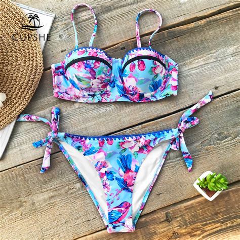 Cupshe Flora And Lark Birds Print Bikini Sets Women Moulded Cup Push Up