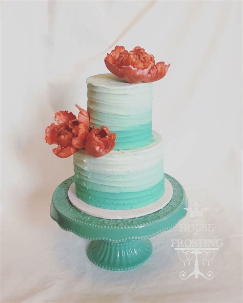 Aqua Ombré Birthday Cake With Coral Flowers Cake Design Cake Custom