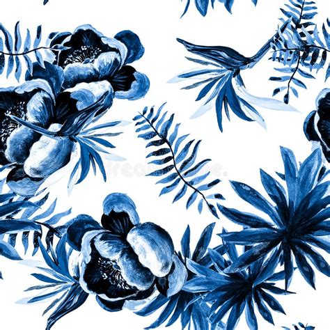 Blue Tropical Art White Seamless Nature Cobalt Pattern Vintage