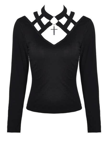 Black Gothic Punk Hollow Out Long Sleeve T Shirt For Women Uk