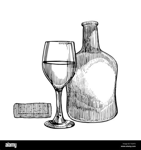 Red Wine Bottle And Glasses Sketch Style Illustration Isolated On