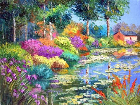 Garden In Painting Flowers House Landscape Oil Painting Pond Trees Hd