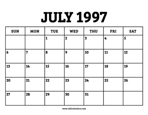 Calendar July 1997 Printable Old Calendars