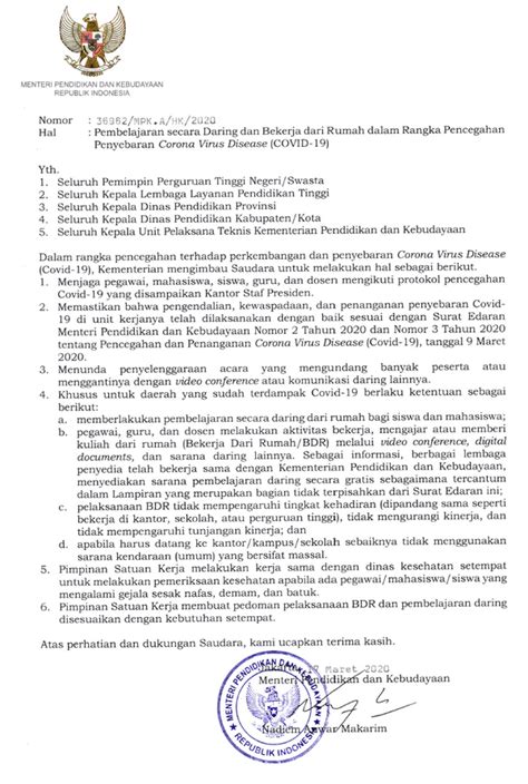 Pembelajaran secara Daring dan Bekerja dari Rumah dalam Rangka