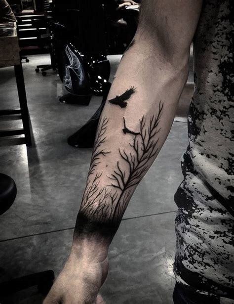 Black Ravens And Trees Forearm Piece Best Tattoo Design Ideas Cool