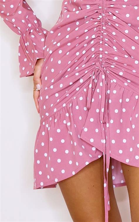 Pink Polka Dot Print Ruched Front Bodycon Dress Prettylittlething Usa