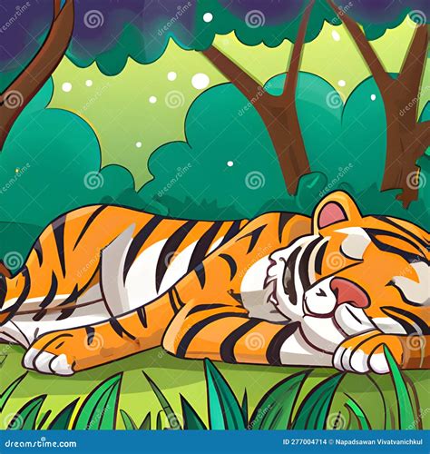 Tiger Sleeping In The Forest In Cartoon Style Generative Ai Stock