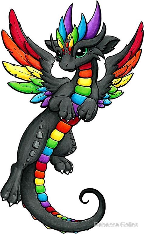 Black Rainbow Dragon Sticker By Rebecca Golins Cute Dragon Drawing