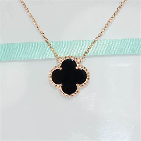 Lucky Clover Four Leaf Black Onyx Necklace In Rose Gold