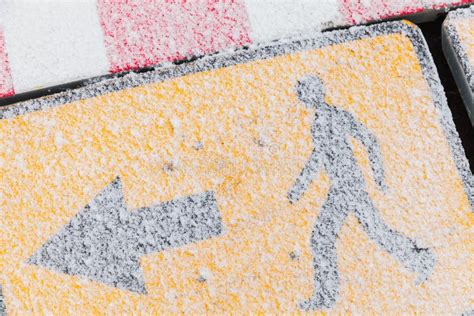 Yellow Road Sign With Snow Stock Image Image Of Fence 138182173
