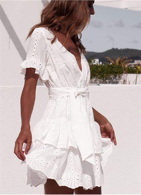 White Embroidery Cotton Short Sleeve V Neck Hollow Out Mini Dress