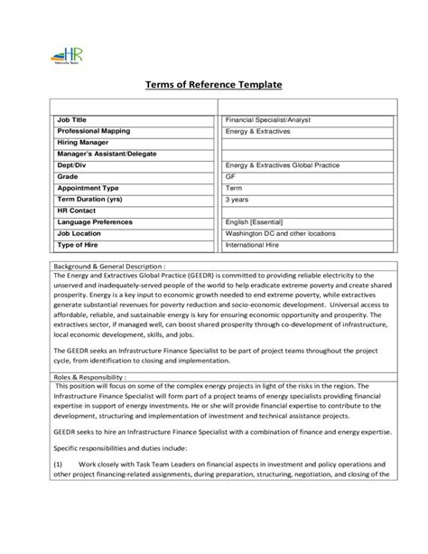 Terms Of Reference Template Free Download
