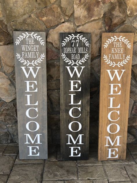 This vertical welcome sign is permanent vinyl on wood. 4' Welcome Family Vertical Outdoor Sign Family Name Front ...