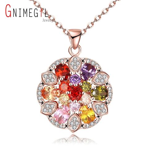 GNIMEGIL Brand Jewelry Super Deals Colorful Zircon Gem Stone Pendant Necklace Gold Flower Round