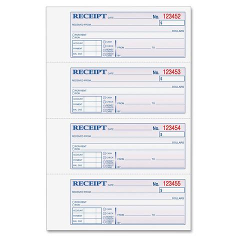 A rent receipt template is a form that allows a tenant to mark their monthly rent as paid. Adams Money/Rent Receipt Book, 3-Part, 100/BK - LD Products
