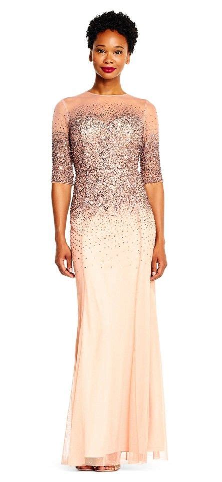 Adrianna Papell Rose Gold Beaded Illusion Gown Long Formal Dress Size 4