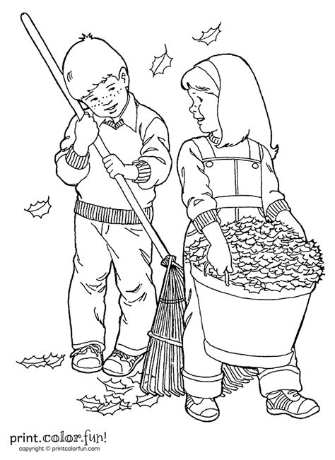 Kids raking leaves coloring page - Print. Color. Fun!